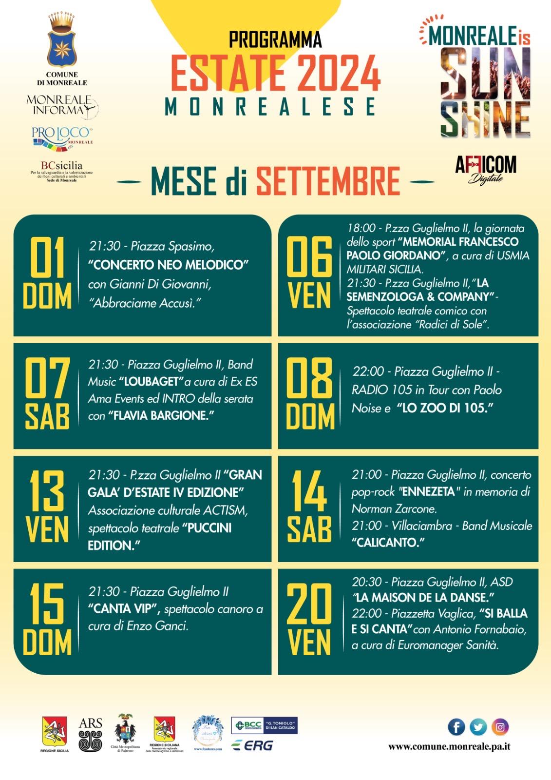 Continua l’Estate Monrealese: Ecco le manifestazioni di Settembre Sunshine: